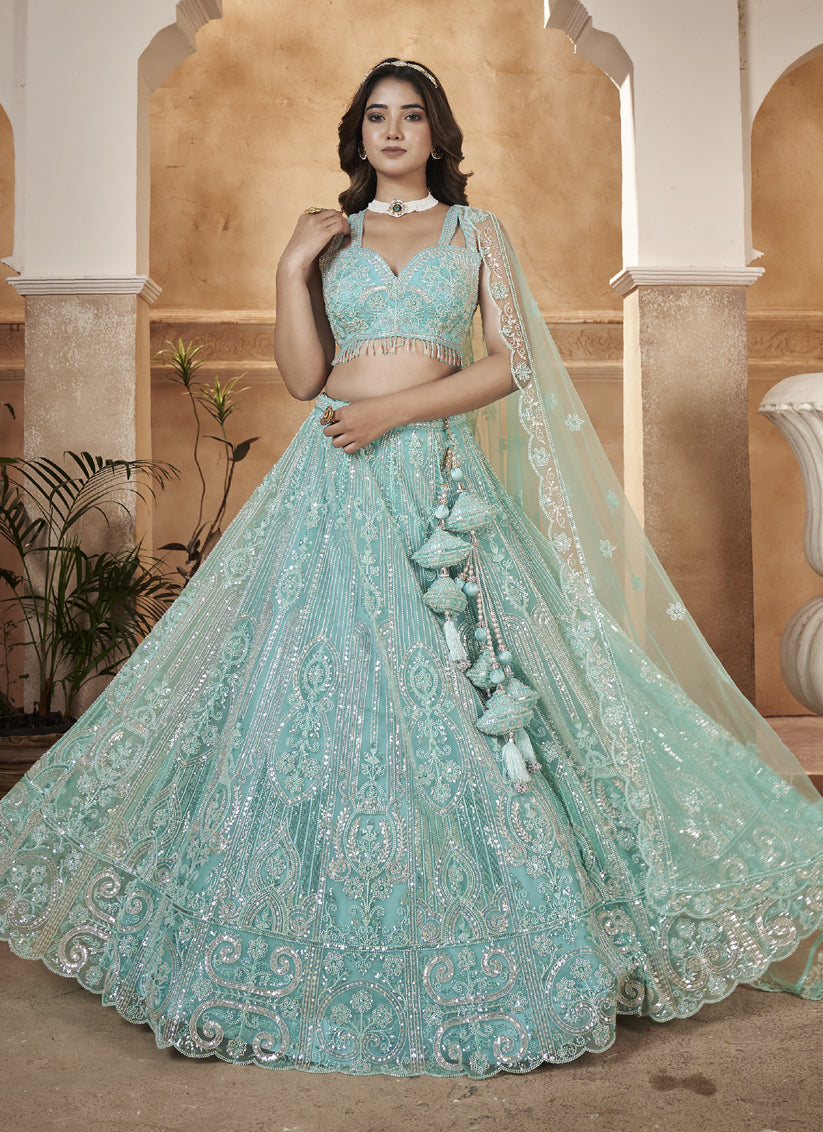 Sky Blue Readymade Net Designer Lehenga Choli Set