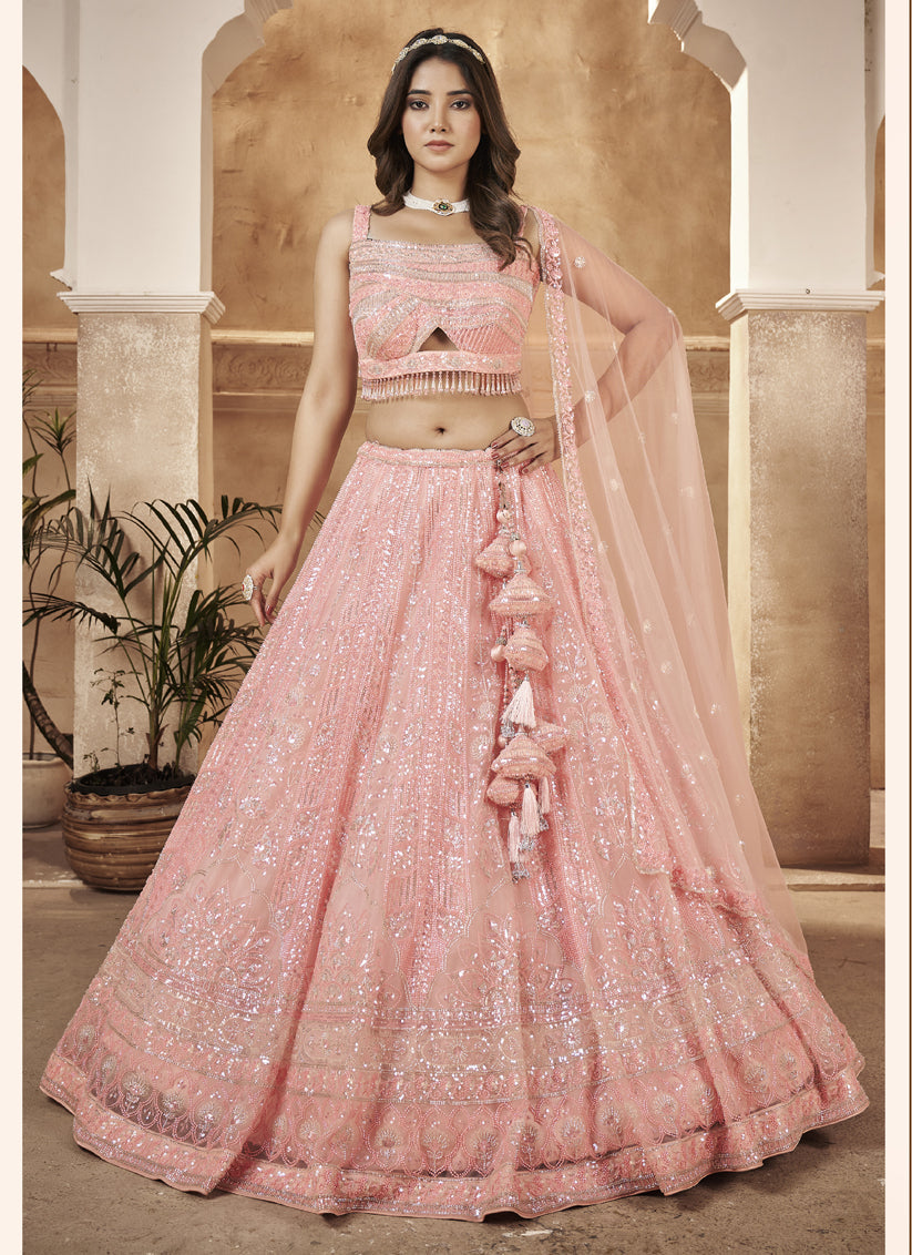 Peach Readymade Net Designer Lehenga Choli Set