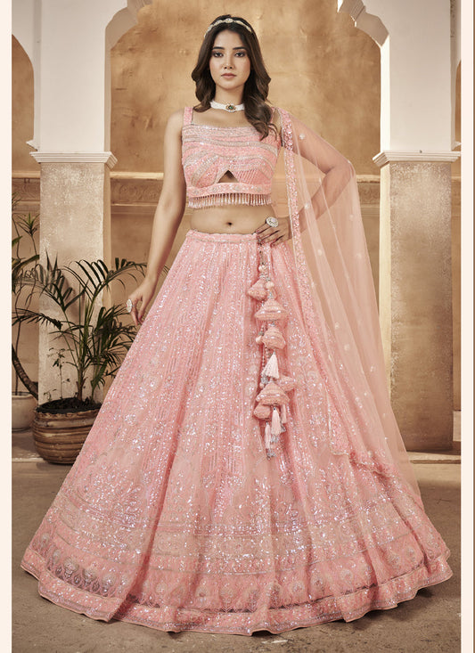 Peach Readymade Net Designer Lehenga Choli Set
