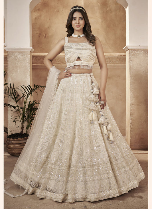 White Readymade Net Designer Lehenga Choli Set