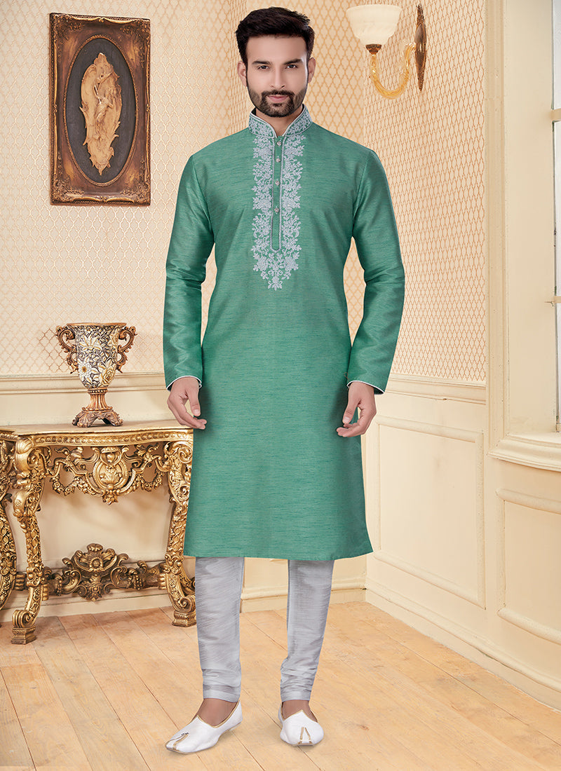 Sea Green Silk Embroidered Mens Kurta Set