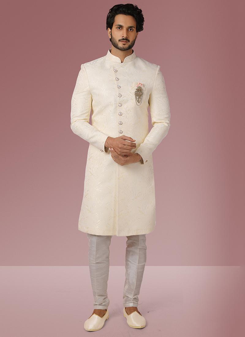 Cream Jacquard Silk Brocade Mens Indo Western