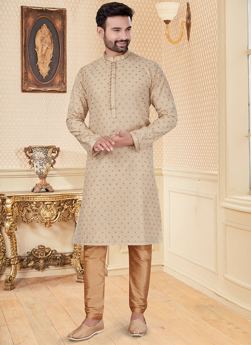 Cream Silk Mens Kurta Set
