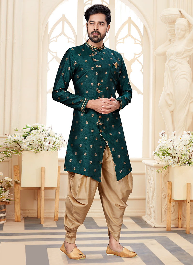Teal Green Woven Jacquard Mens Indo Western