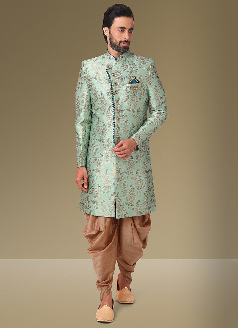 Ice Mint Jacquard Silk Brocade Mens Indo Western