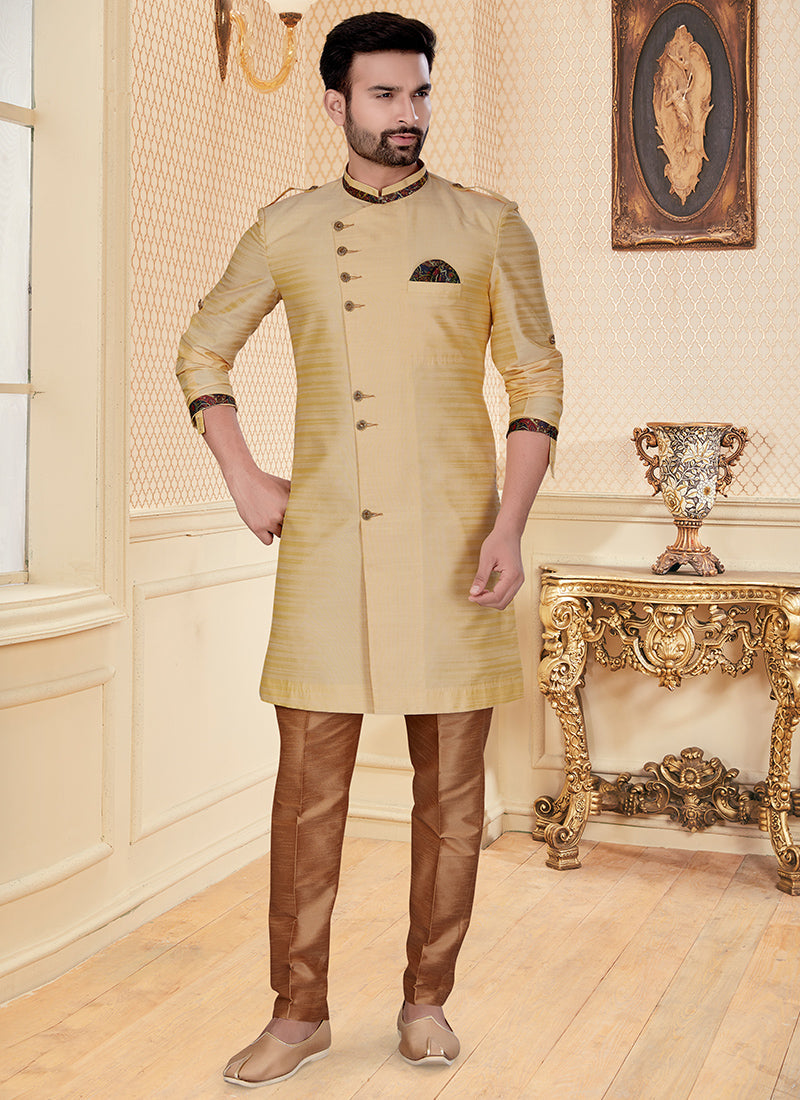 Beige Silk Mens Indo Western