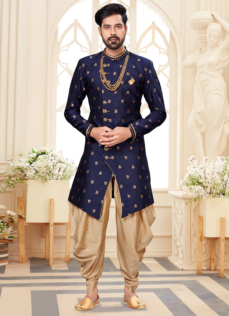 Navy Blue Woven Jacquard Mens Indo Western