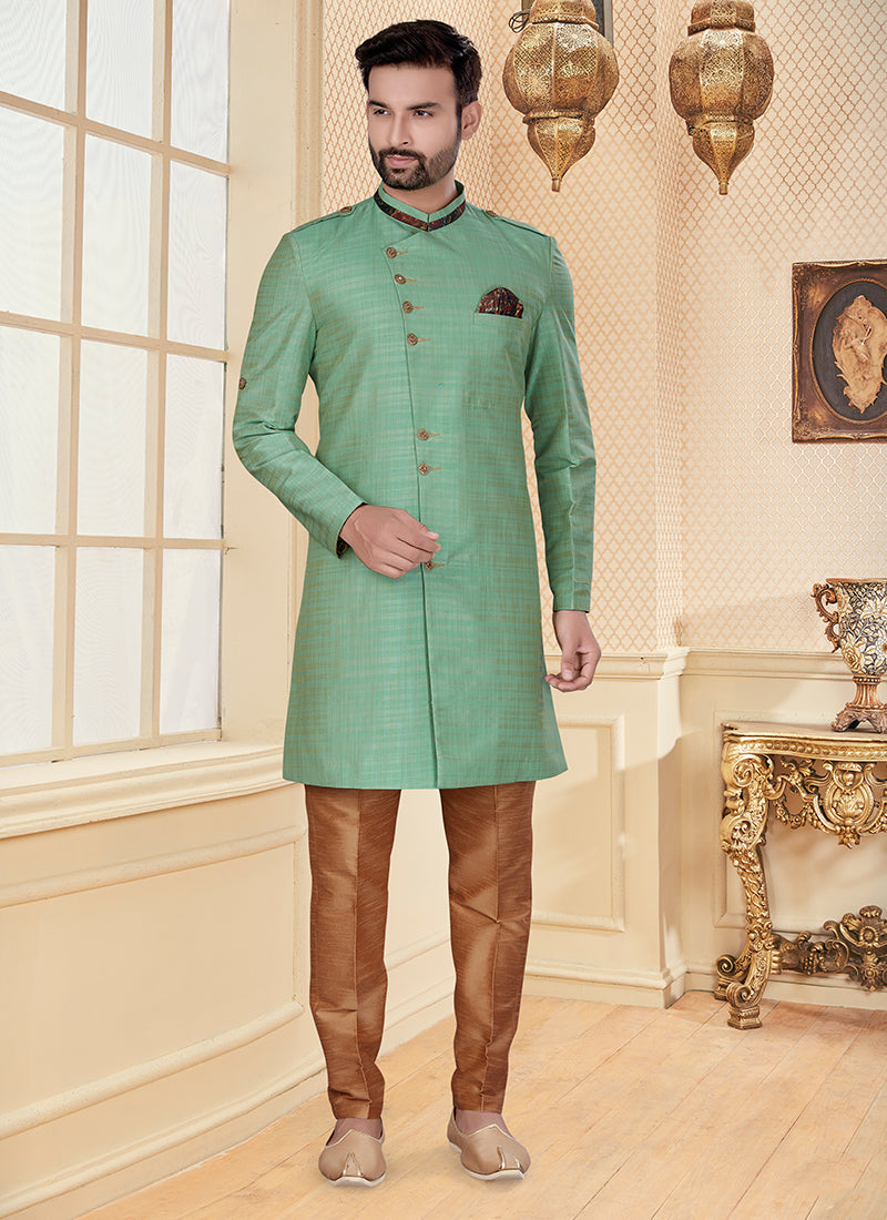Sea Green Slub Silk Mens Indo Western