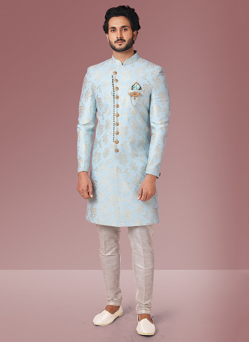 Breeze Blue Jacquard Silk Brocade Mens Indo Western