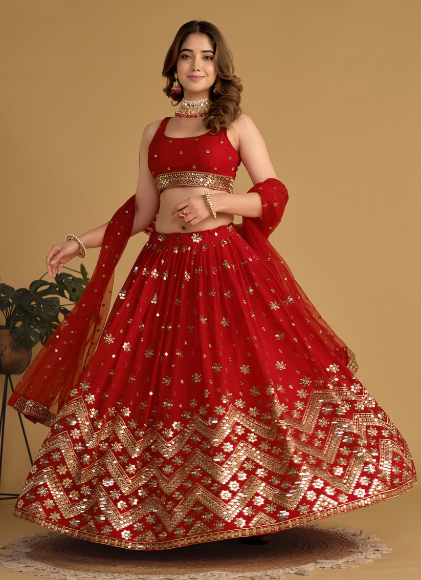 Red Sequins Embroidered Lehenga Choli Set