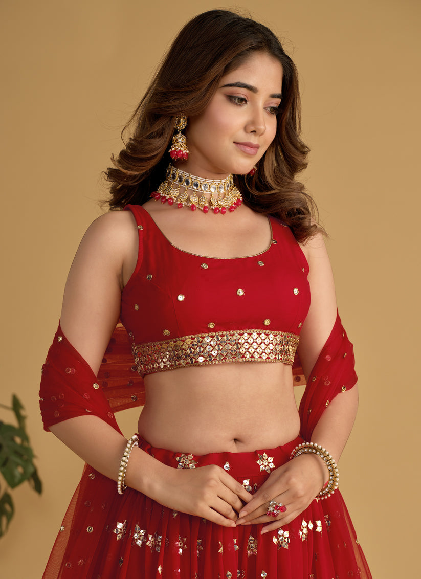 Red Sequins Embroidered Lehenga Choli Set