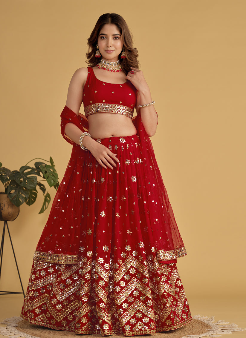 Red Sequins Embroidered Lehenga Choli Set