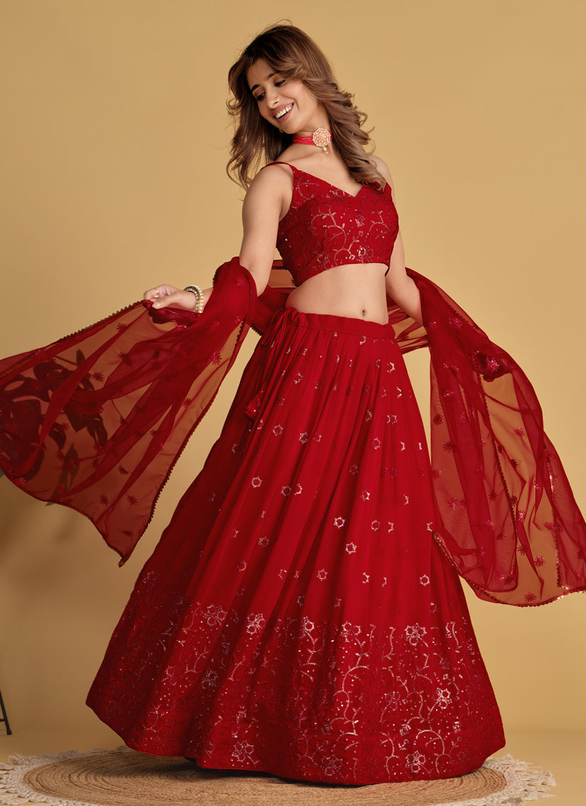 Red Sequins Embroidered Lehenga Choli Set