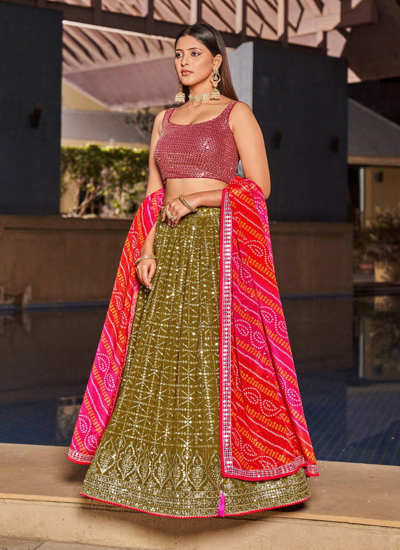 Olive Green Georgette Lehenga Choli Set