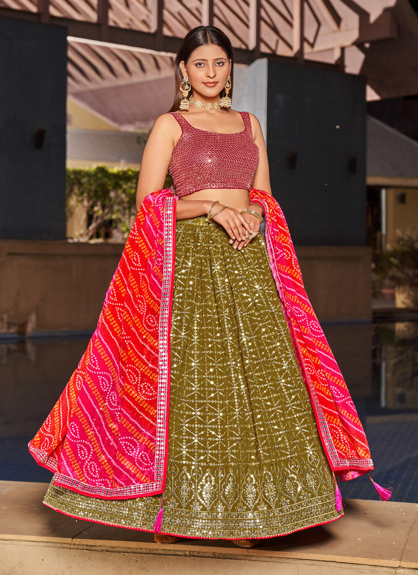 Olive Green Georgette Lehenga Choli Set