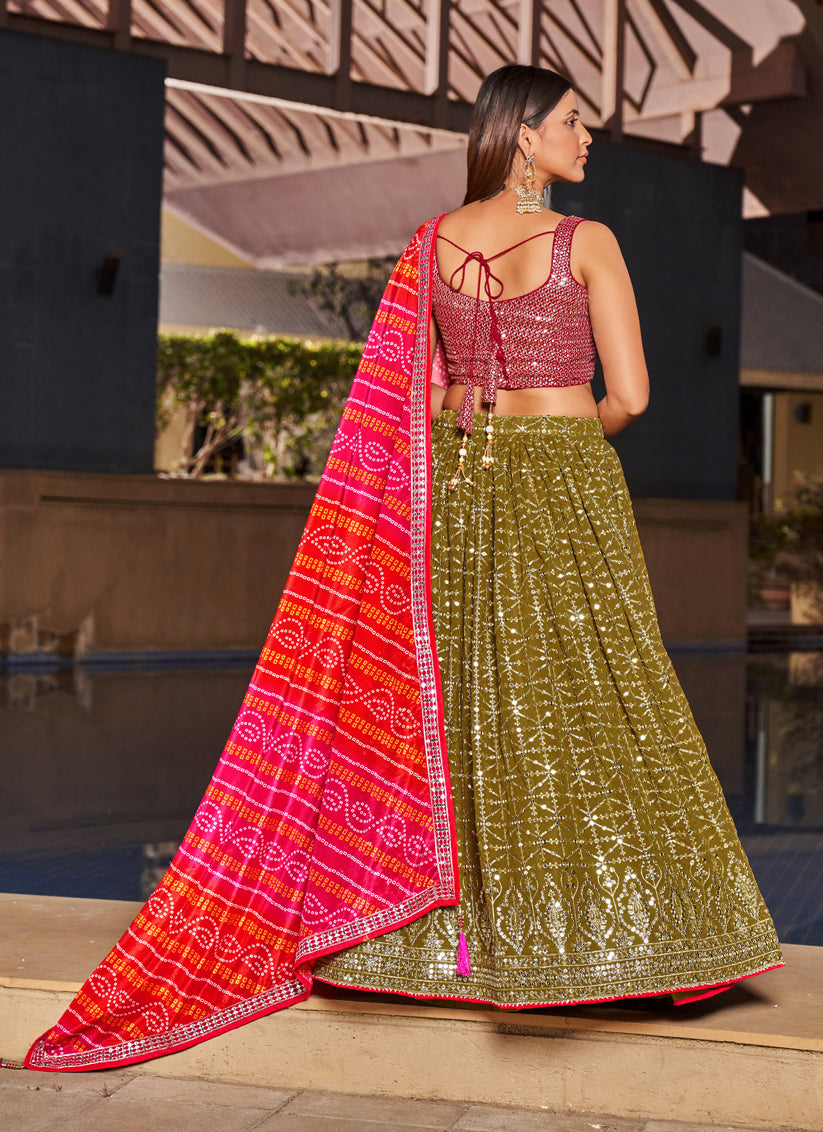 Olive Green Georgette Lehenga Choli Set