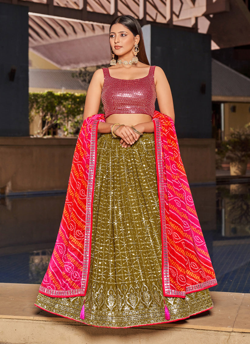 Olive Green Georgette Lehenga Choli Set