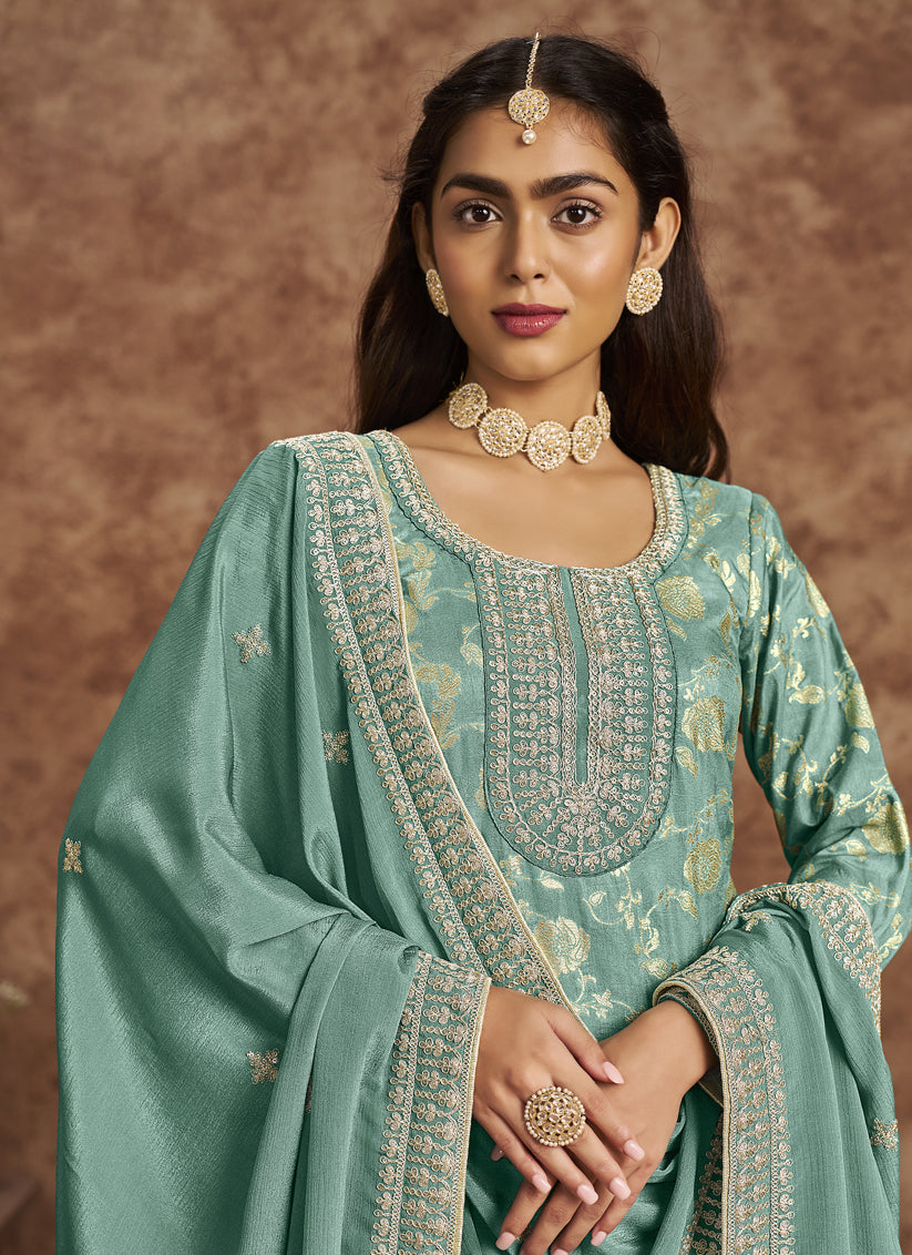 mint blue dola jacquard embroidered plus size suit
