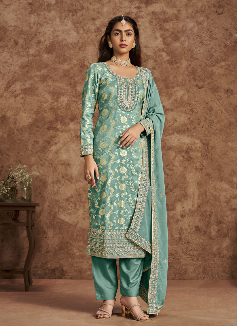 mint blue dola jacquard embroidered plus size suit