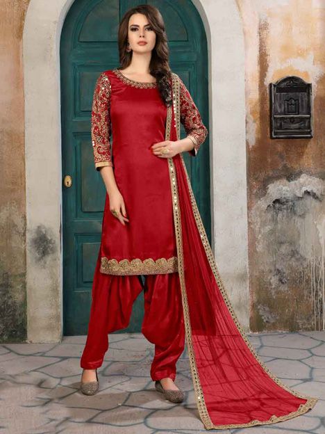Maroon Art Silk Embroidered Patiala Suit