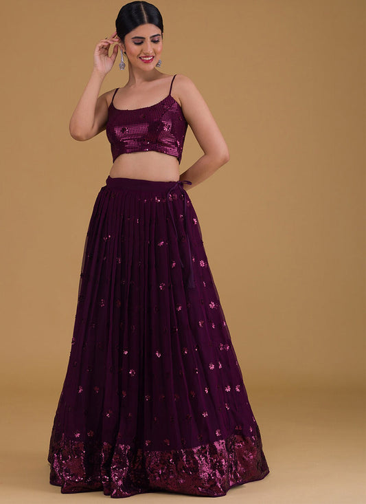 purple embroidered georgette lehenga choli set
