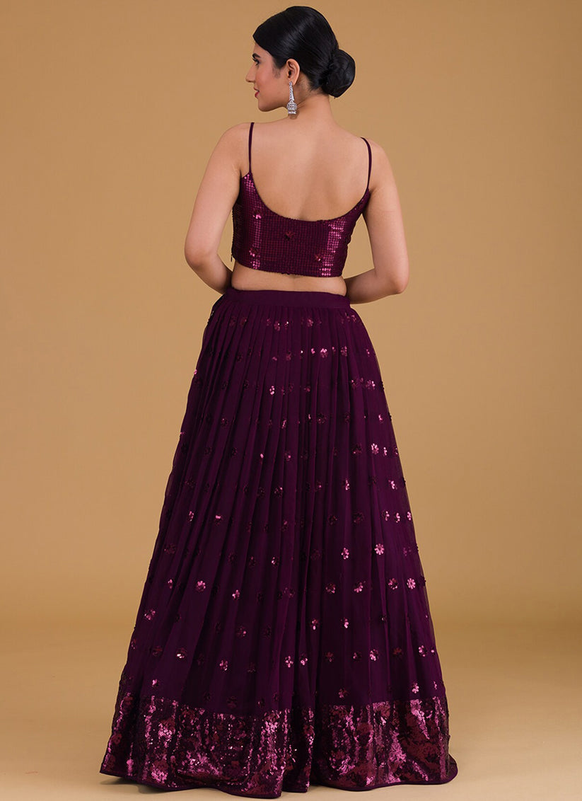 purple embroidered georgette lehenga choli set