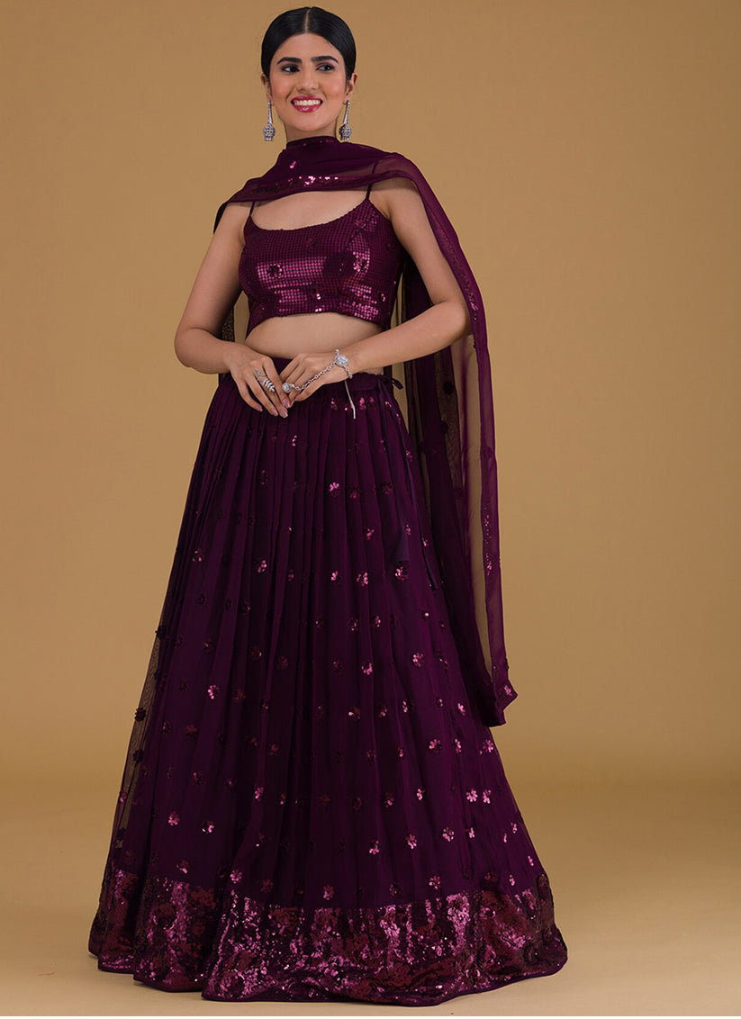 purple embroidered georgette lehenga choli set
