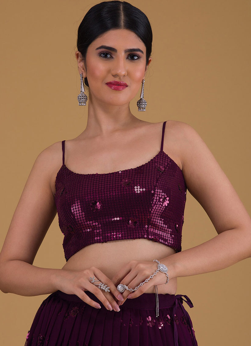 purple embroidered georgette lehenga choli set