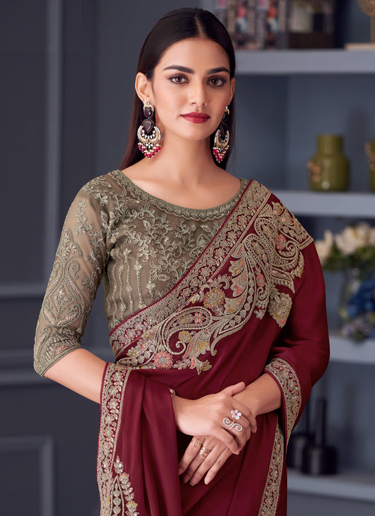 Wonderful Maroon Satin Silk Embroidered Designer Saree
