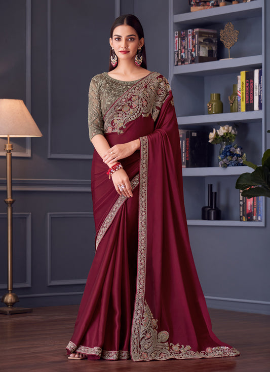 Wonderful Maroon Satin Silk Embroidered Designer Saree
