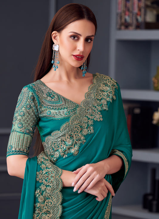 Gorgeous Firozi Silk Chiffon Embroidered Designer Saree