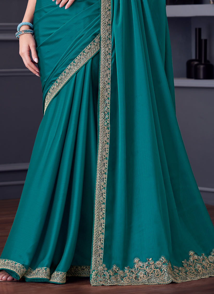 Gorgeous Firozi Silk Chiffon Embroidered Designer Saree