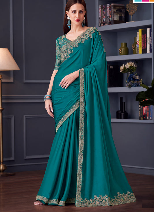 Gorgeous Firozi Silk Chiffon Embroidered Designer Saree