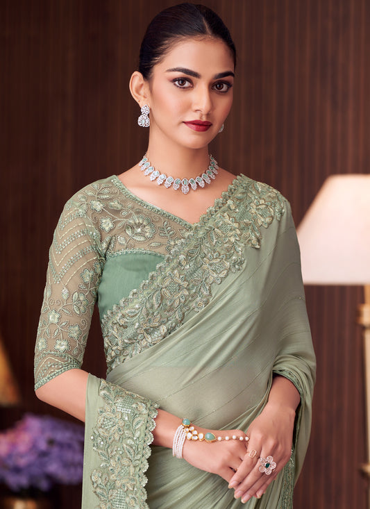 Astonishing Mint Grey Sequins Silk Embroidered Designer Saree