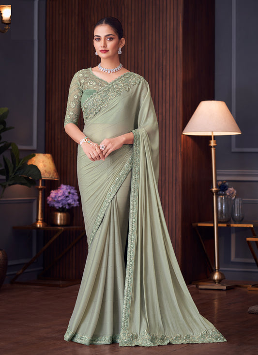 Astonishing Mint Grey Sequins Silk Embroidered Designer Saree