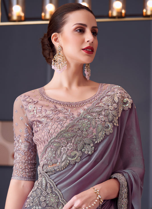 Unique Lavender Grey Chiffon Silk Embroidered Designer Saree