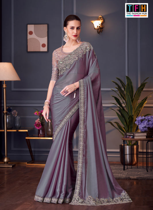 Unique Lavender Grey Chiffon Silk Embroidered Designer Saree