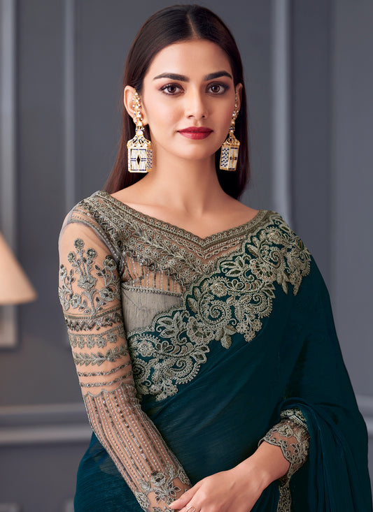 Incredible Peacock Blue Shimmer Georgette Embroidered Designer Saree