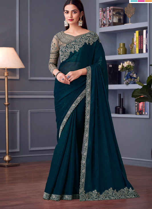 Incredible Peacock Blue Shimmer Georgette Embroidered Designer Saree