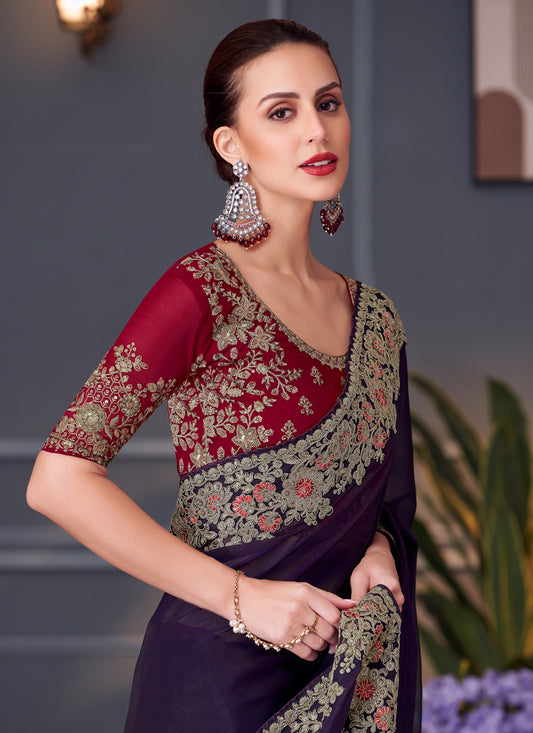 Spectacular Eggplant Georgette Embroidered Designer Saree