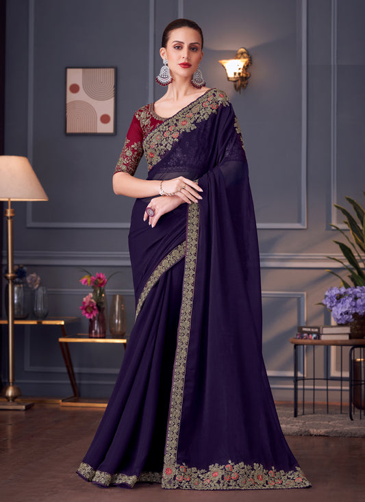 Spectacular Eggplant Georgette Embroidered Designer Saree