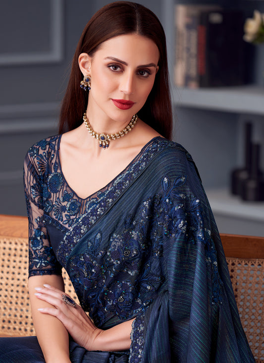 Dazzling Peacock Blue Glitter Silk Embroidered Designer Saree
