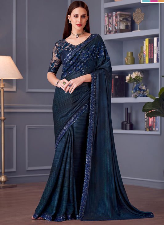 Dazzling Peacock Blue Glitter Silk Embroidered Designer Saree