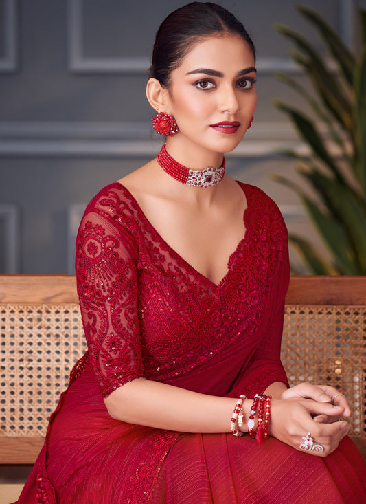 Charismatic Cherry Red Glitter Silk Embroidered Designer Saree