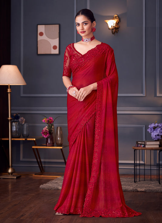 Charismatic Cherry Red Glitter Silk Embroidered Designer Saree