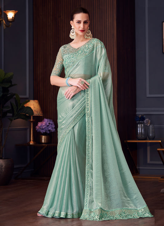 Fabulous Mint Blue Double Tone Silk Embroidered Designer Saree