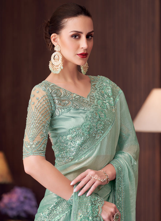Fabulous Mint Blue Double Tone Silk Embroidered Designer Saree