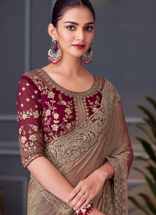 Outstanding Bronze Double Tone Silk Embroidered Designer Saree