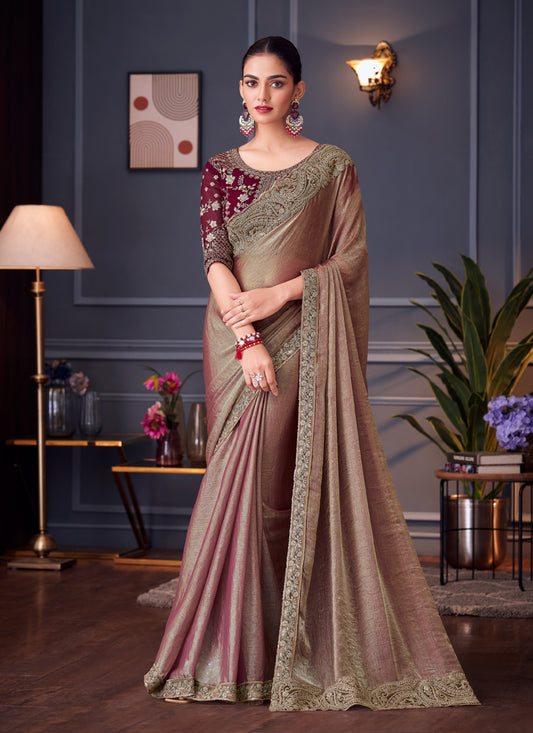Outstanding Bronze Double Tone Silk Embroidered Designer Saree
