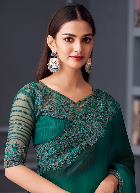 Sophisticated Pine Green Satin Chiffon Embroidered Designer Saree